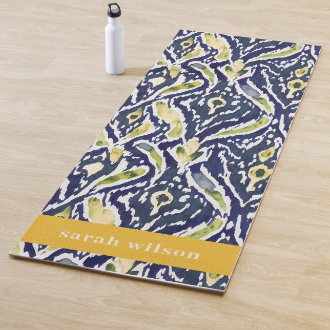 Bold Blue Yellow Abstract Classy Ikat Pattern Yoga Mat (In Situ)