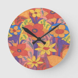 Bold Bohemian Orange Garden Print Round Clock