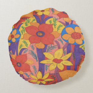 Bold Bohemian Orange Garden Print Round Cushion