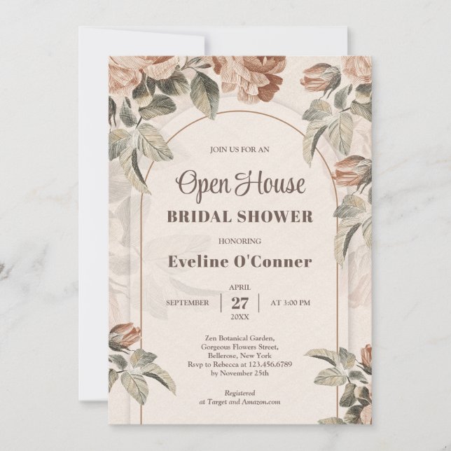 Bold boho arch terracotta roses sage open house invitation (Front)