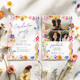 Bold Boho Bright Wildflower Photo Graduation Invitation