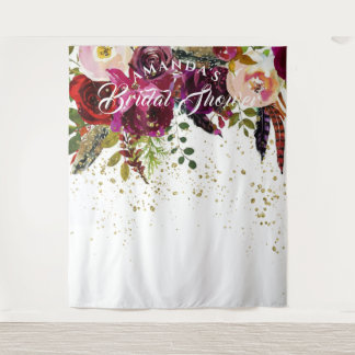 Bold Boho Burgundy Floral Bridal Shower Backdrop Tapestry