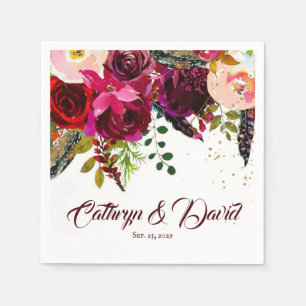 Bold Boho Burgundy Floral Wedding Personalised Napkin