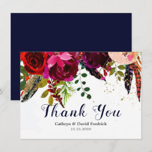Bold Boho Burgundy Navy Floral Wedding Flat Thank You Card