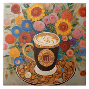 Bold Boho Floral Monogram Coffee Cup Tile