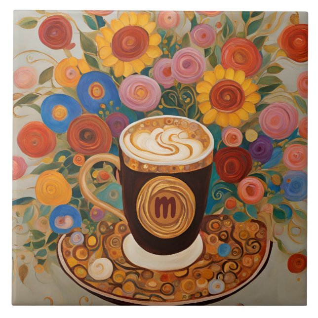 Bold Boho Floral Monogram Coffee Cup Tile (Front)