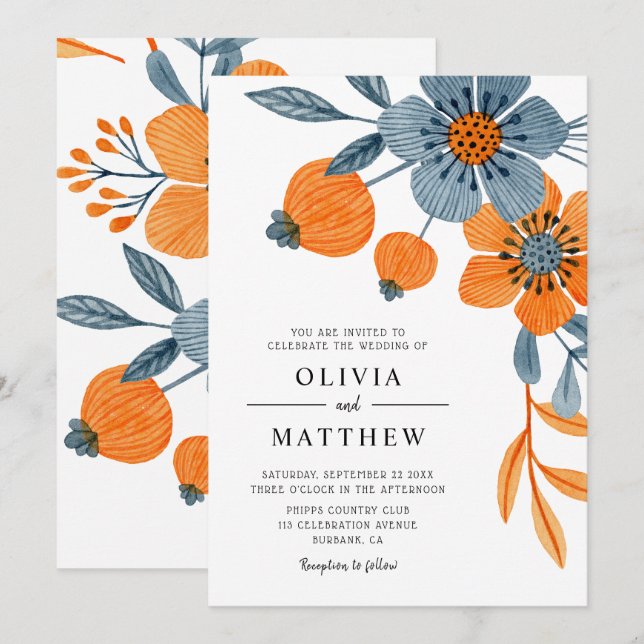 Bold Boho Floral Orange Blue Wedding Invitation (Front/Back)