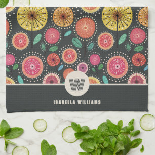 Bold Boho Scandi Folk Flowers Monogram Tea Towel