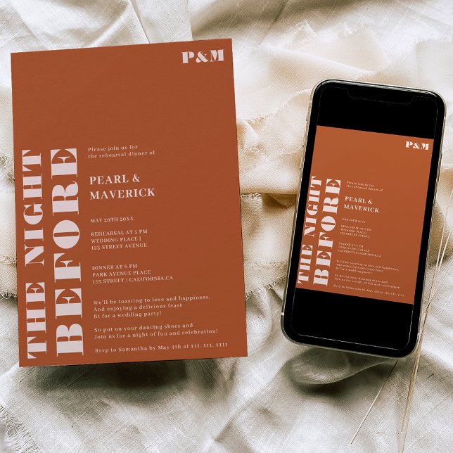 Bold boho terracotta wedding rehearsal dinner invitation (Creator Uploaded)