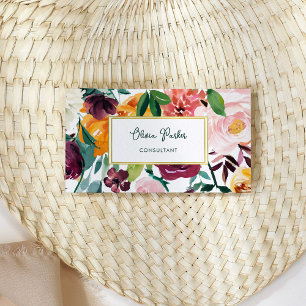 Bold Bouquet   Colourful Flowers and Gold Business Card