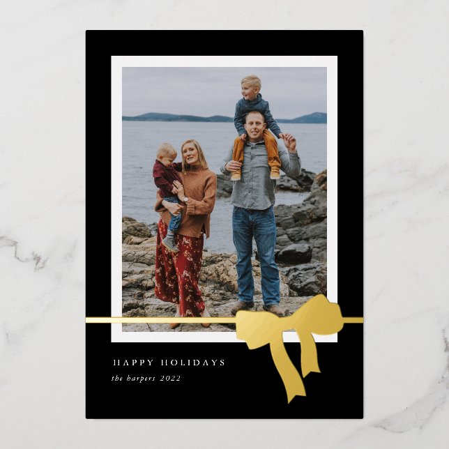 Bold Bow Simple Photo Gold Foil Holiday Card (Front)