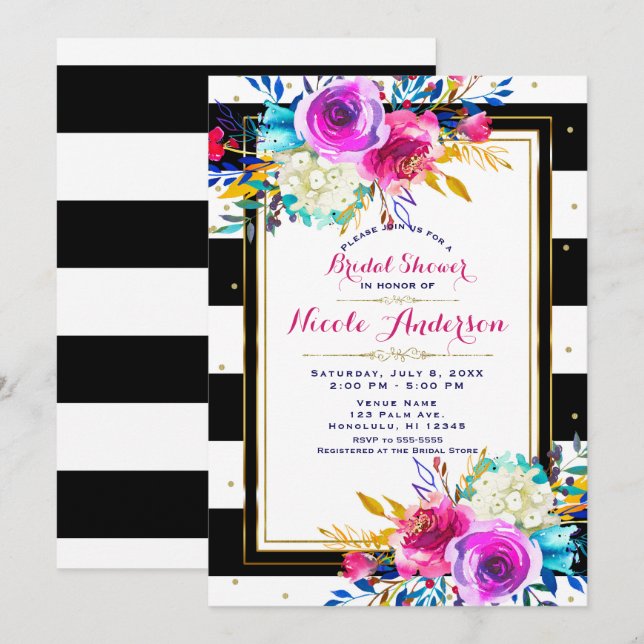 Bold Bright Colourful Floral Black & White Stripes Invitation (Front/Back)