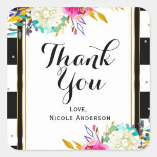 Bold Bright Colourful Floral Black & White Stripes Square Sticker