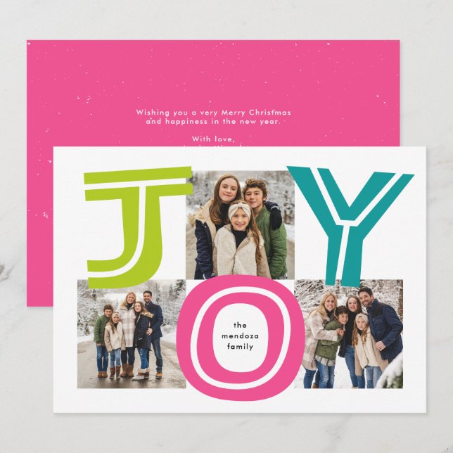 Bold bright colourful joy three photo Christmas Holiday Card (Front/Back)