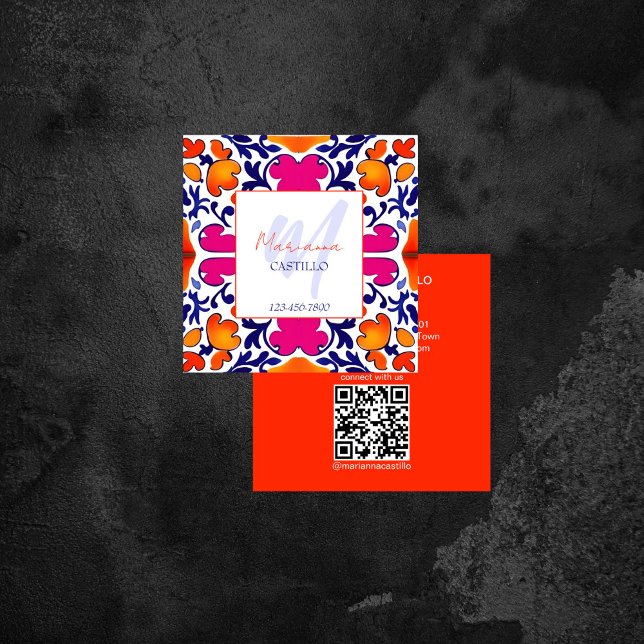 Bold bright colourful unique orange template qr square business card (Bold bright colorful unique orange template qr square business card Mexican tiles pattern modern)
