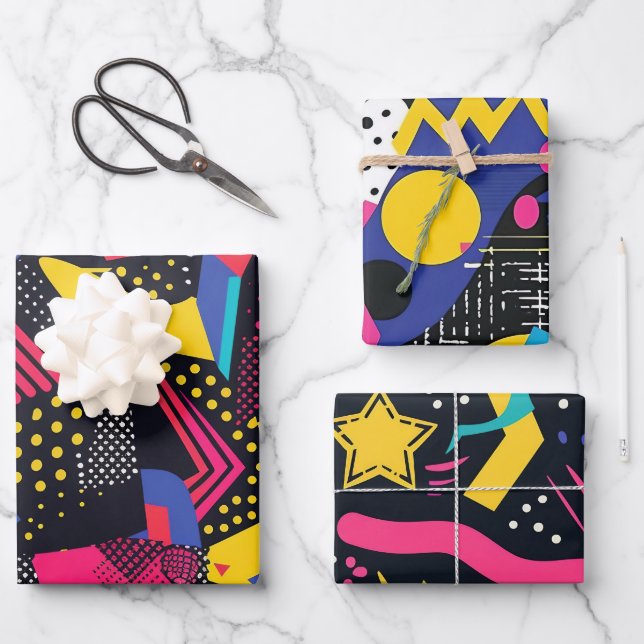 Bold Bright Colours 90s Abstract Funky Art Pattern Wrapping Paper Sheet (Front)