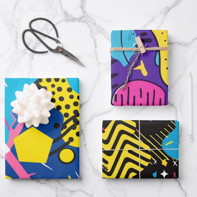 Bold Bright Colours 90s Abstract Funky Art Pattern Wrapping Paper Sheet (Front)