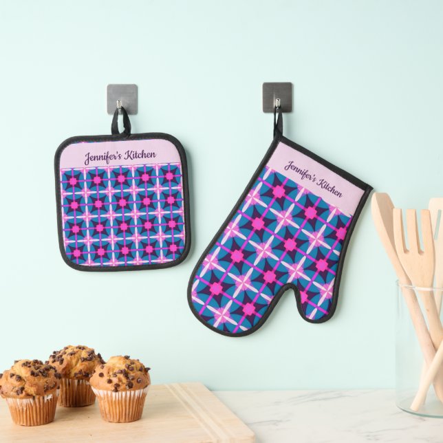 Bold bright colours, Pink, Purple Blue Oven Mitt & Pot Holder Set (Insitu(Hanging))