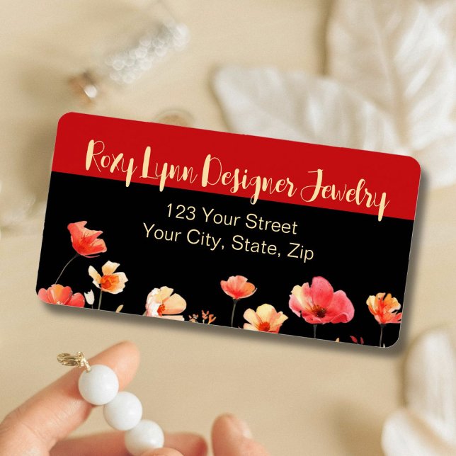 Bold, Bright Floral | Red & Black | Return Address Label (Creator Uploaded)