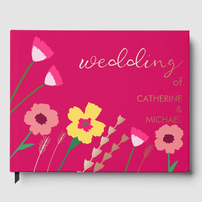 Bold & Bright Fuchsia Pink Spring Floral Wedding  Guest Book (Front)