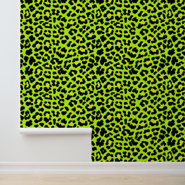 Bold Bright Green 1980s Punk Leopard Print Wallpaper (Application)