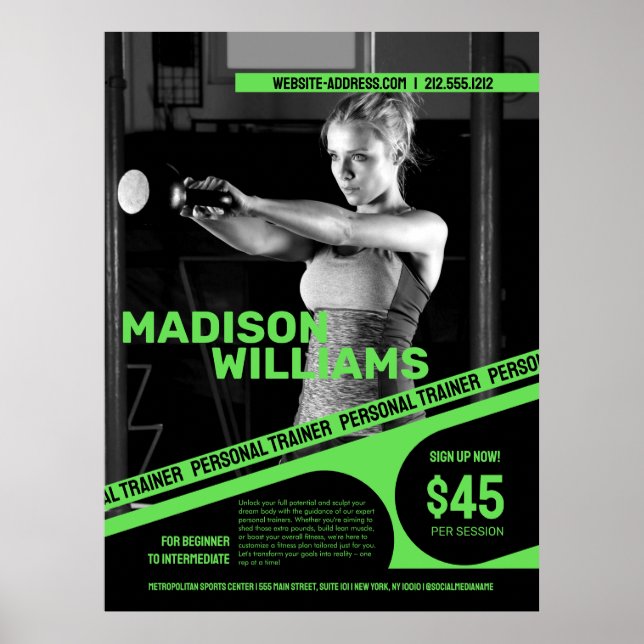 Bold Bright Green Personal Trainer Photo Poster (Front)