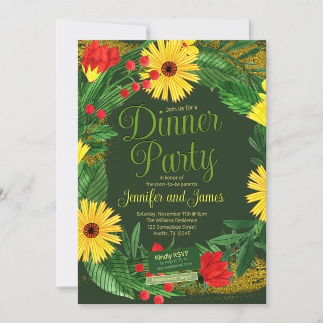 Bold Bright Green Red Yellow Flowers Dinner Party Invitation (Front)