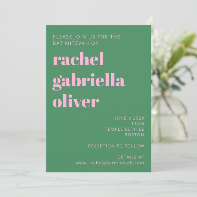 Bold Bright Modern Pink Green Simple Bat Mitzvah Invitation (Standing Front)