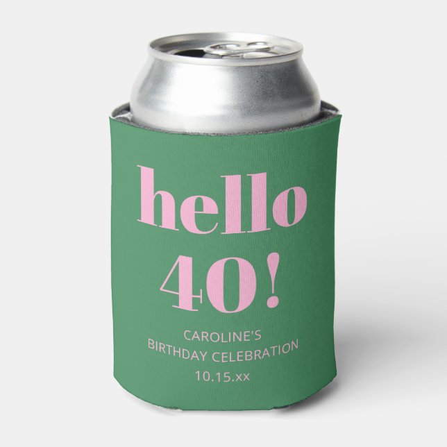 Bold Bright Modern Retro Pink Green 40th Birthday Can Cooler (Can Front)