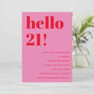Bold Bright Modern Retro Pink Red 21st Birthday Invitation