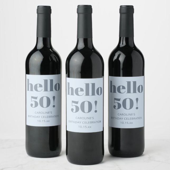 Bold Bright Modern Retro Soft Blue 50th Birthday Wine Label (Bottles)