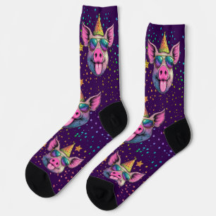 Bold, Bright Party Pig in Sunglasses Design Socks