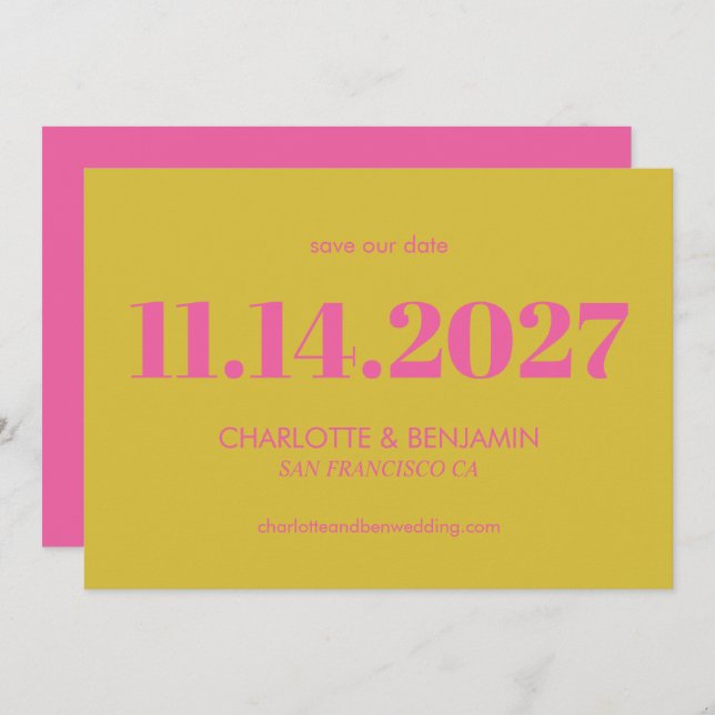 Bold Bright Pink and Yellow Typography Modern  Save The Date (Front/Back)