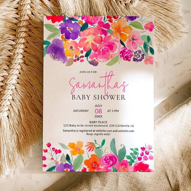 Bold bright pink floral watercolor baby shower invitation (Bold bright pink floral watercolor baby shower invitation)