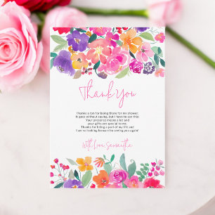 Bold bright pink floral watercolor bridal shower thank you card