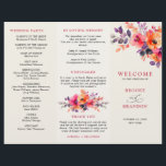 Bold Bright Pink Orange  Tri fold wedding Program<br><div class="desc">This stunning wedding program features a bold and artistic watercolor floral arrangement bursting with rich hues. The top right corner showcases hand-painted blooms in vibrant coral pink, tangerine orange, deep plum, mulberry purple, and midnight navy, softened by delicate dusty mauve and muted lavender foliage. The white background creates a fresh,...</div>