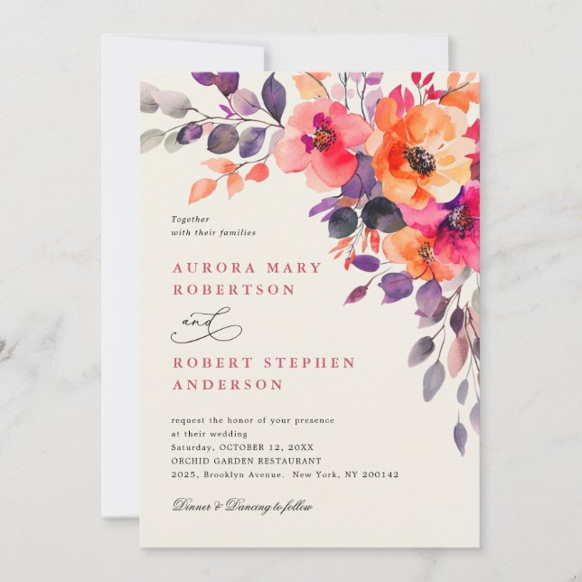 Bold Bright Pink Orange Watercolor Details Wedding Invitation (Front)