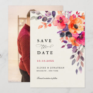 Bold Bright Pink Orange Watercolor Floral Photo Save The Date