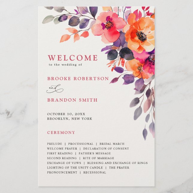 Bold Bright Pink Orange Watercolor Floral  Program (Front)