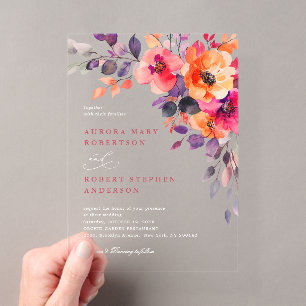 Bold Bright Pink Orange Watercolor Floral Wedding Acrylic Invitations