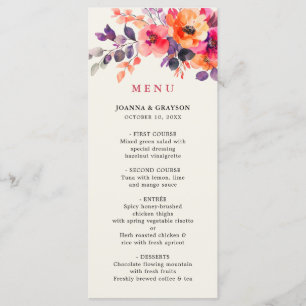 Bold Bright Pink Orange Watercolor Floral Wedding Menu