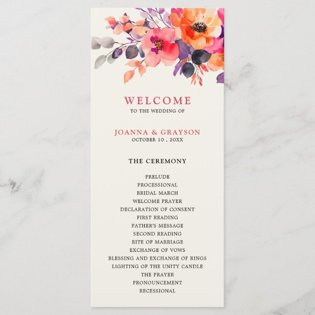 Bold Bright Pink Orange Watercolor Floral Wedding Programme (Front)