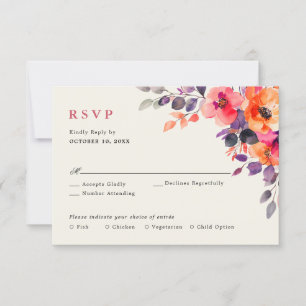 Bold Bright Pink Orange Watercolor Floral Wedding RSVP Card