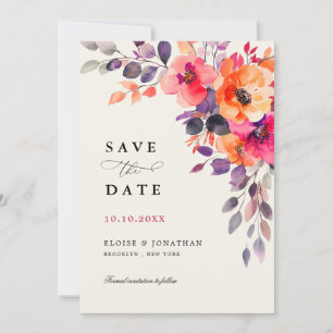 Bold Bright Pink Orange Watercolor Floral Wedding Save The Date