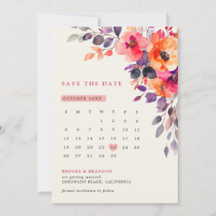 Bold Bright Pink Orange Watercolor Floral Wedding Save The Date