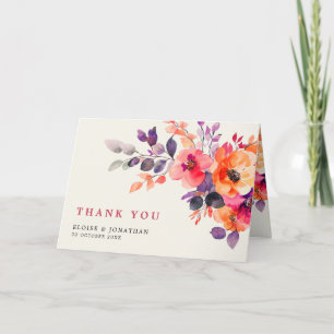 Bold Bright Pink Orange Watercolor Floral Wedding Thank You Card