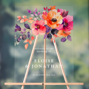 Bold Bright Pink Orange Watercolor Floral  Welcome Acrylic Sign