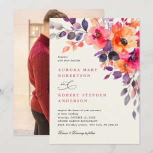 Bold Bright Pink Orange Watercolor Photo Wedding   Invitation