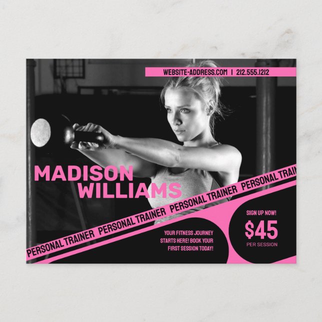 Bold Bright Pink Personal Trainer Photo Postcard (Front)