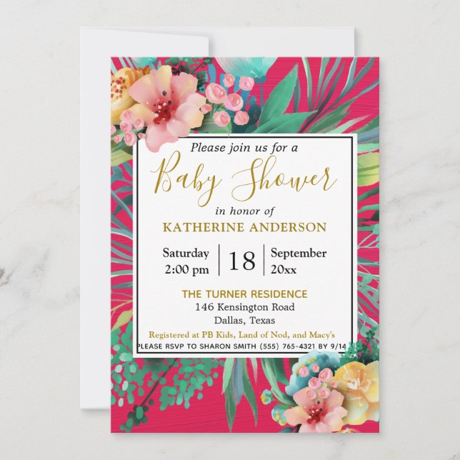 BOLD & BRIGHT PINK Watercolor Floral Baby Shower Invitation (Front)